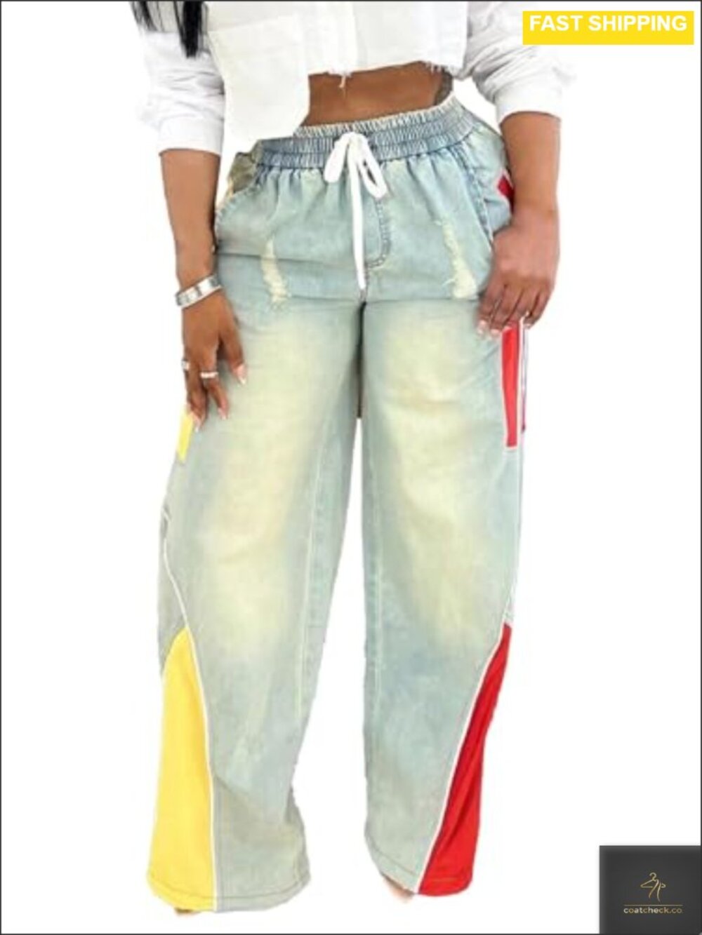 High Waisted Straight Wide Leg Striped Drawstring Jeans